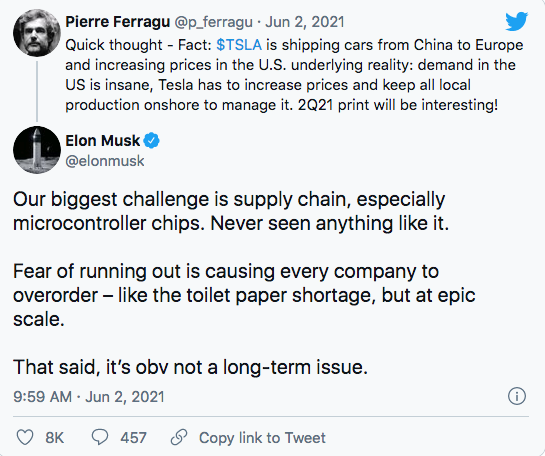 Tesla heeft last van chiptekort